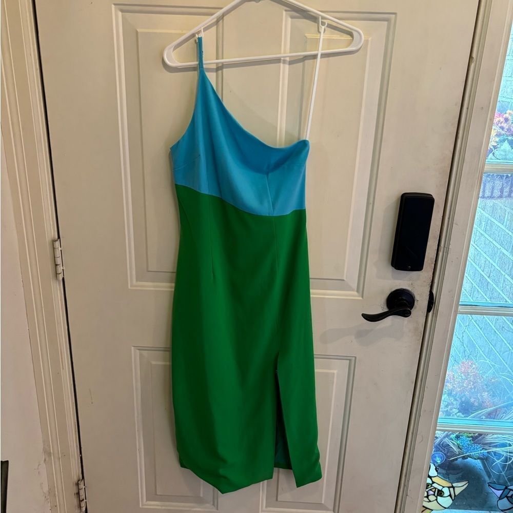 Petal & Pup Blue and Green One Shoulder Dress - Picture 4 of 7